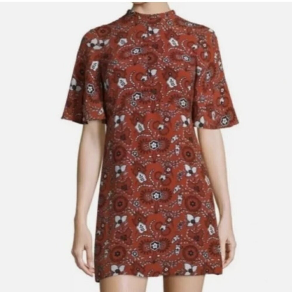 A.L.C. Spencer 100% Silk Floral Print Mini Dress Short Sleeve High Neck Size 4